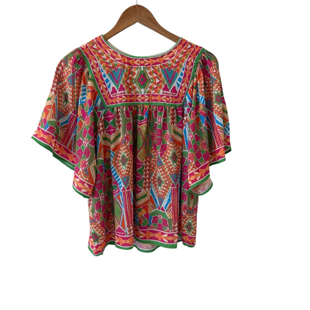 Avara Geometric Kimono Sleeve Blouse Top Womens XS Multicolor Boho Festival